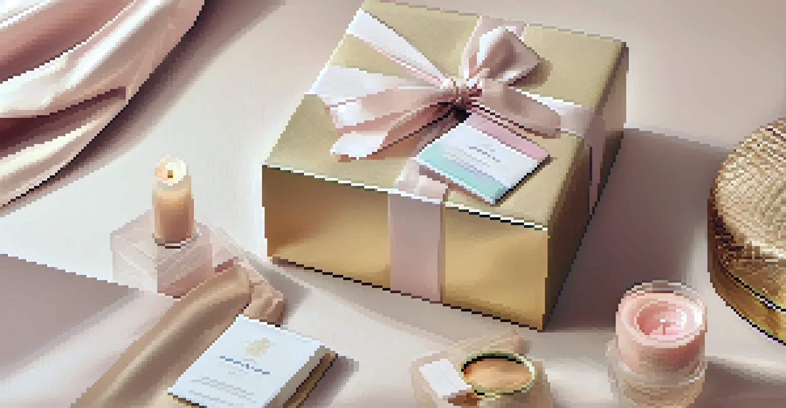 A close-up of a hand unboxing a luxury beauty subscription box with beautifully wrapped skincare products inside, surrounded by soft pink and gold tones.