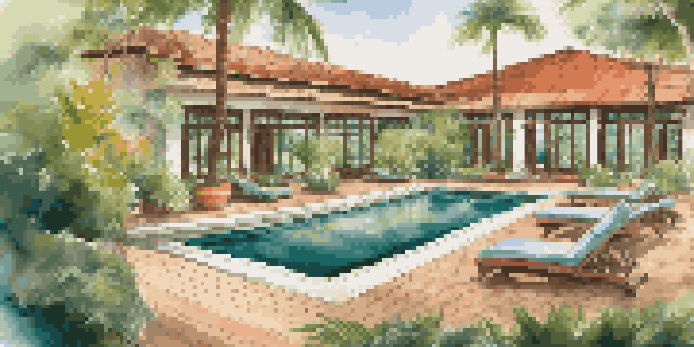 A luxury fitness retreat with guests practicing yoga on a deck surrounded by tropical plants and a pool.