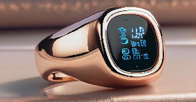 A close-up of a rose gold smart ring on a velvet cushion, displaying health metrics with soft lighting.
