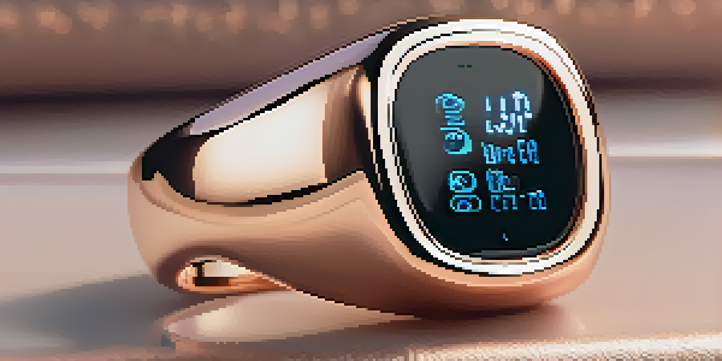 A close-up of a rose gold smart ring on a velvet cushion, displaying health metrics with soft lighting.
