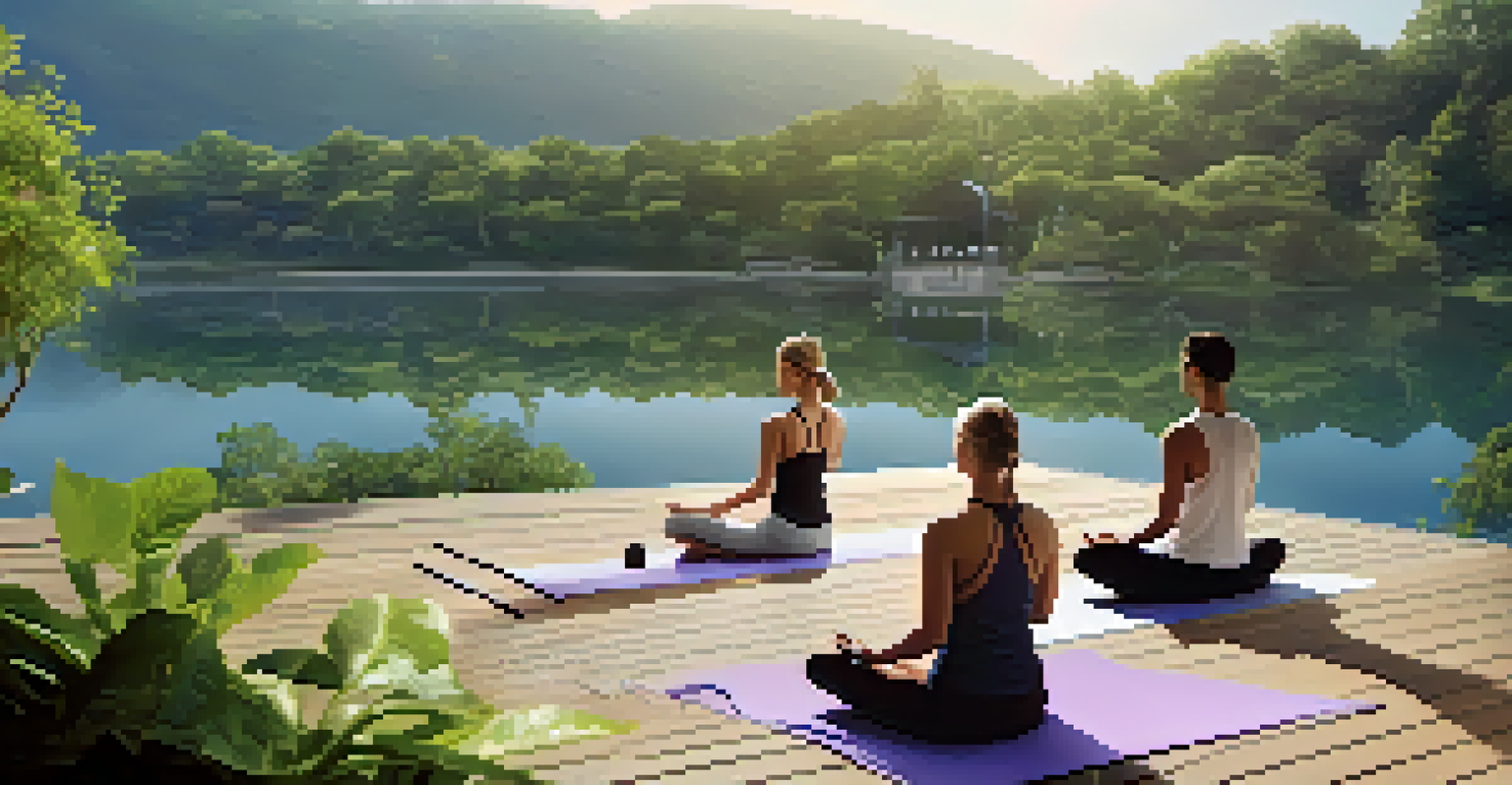 Members participating in a yoga class on a sunlit terrace at a luxury club, with a view of a peaceful lake and surrounded by lush greenery.