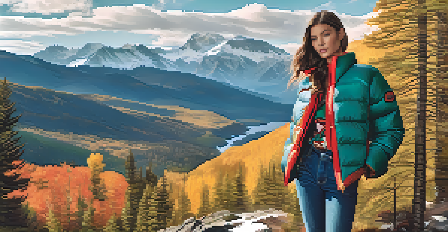 A model in a colorful Gucci x The North Face puffer jacket stands on a mountain trail, surrounded by nature.