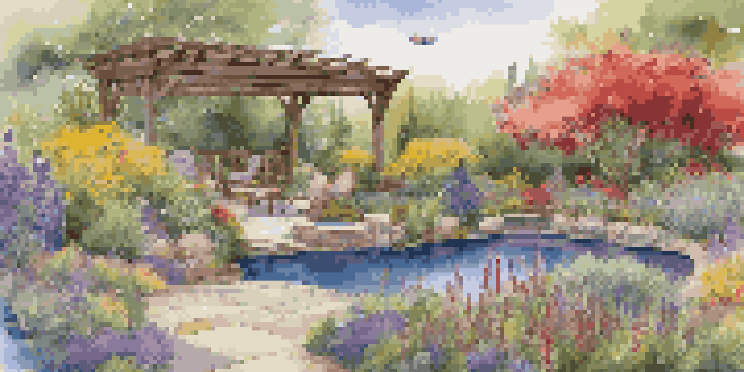 A beautiful garden filled with colorful native plants, a pond, and a seating area under an arbor, with birds and butterflies present.