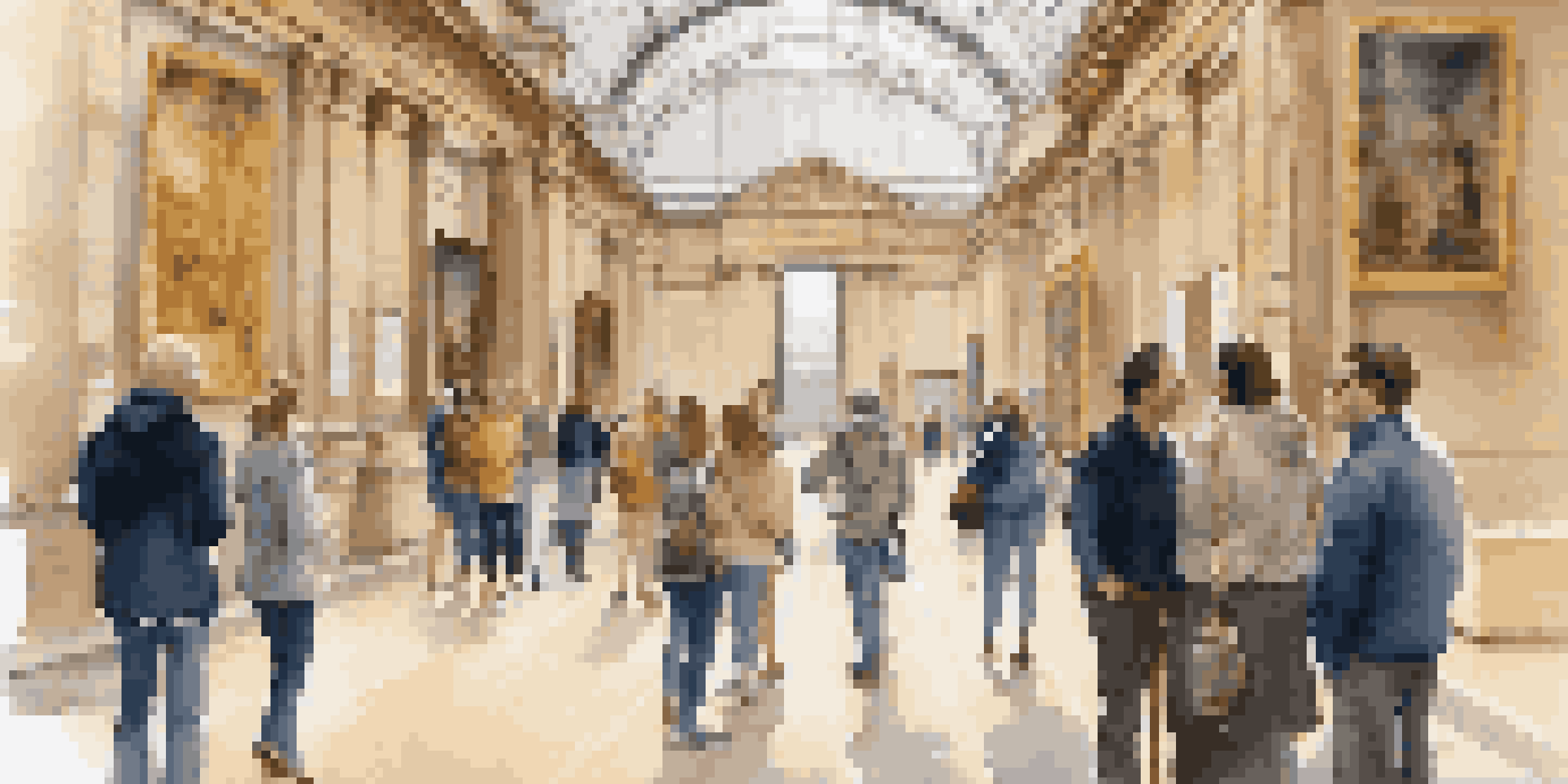 A personal guide leading a small group of tourists through the Louvre Museum in Paris, with beautiful artworks illuminated by soft golden light.