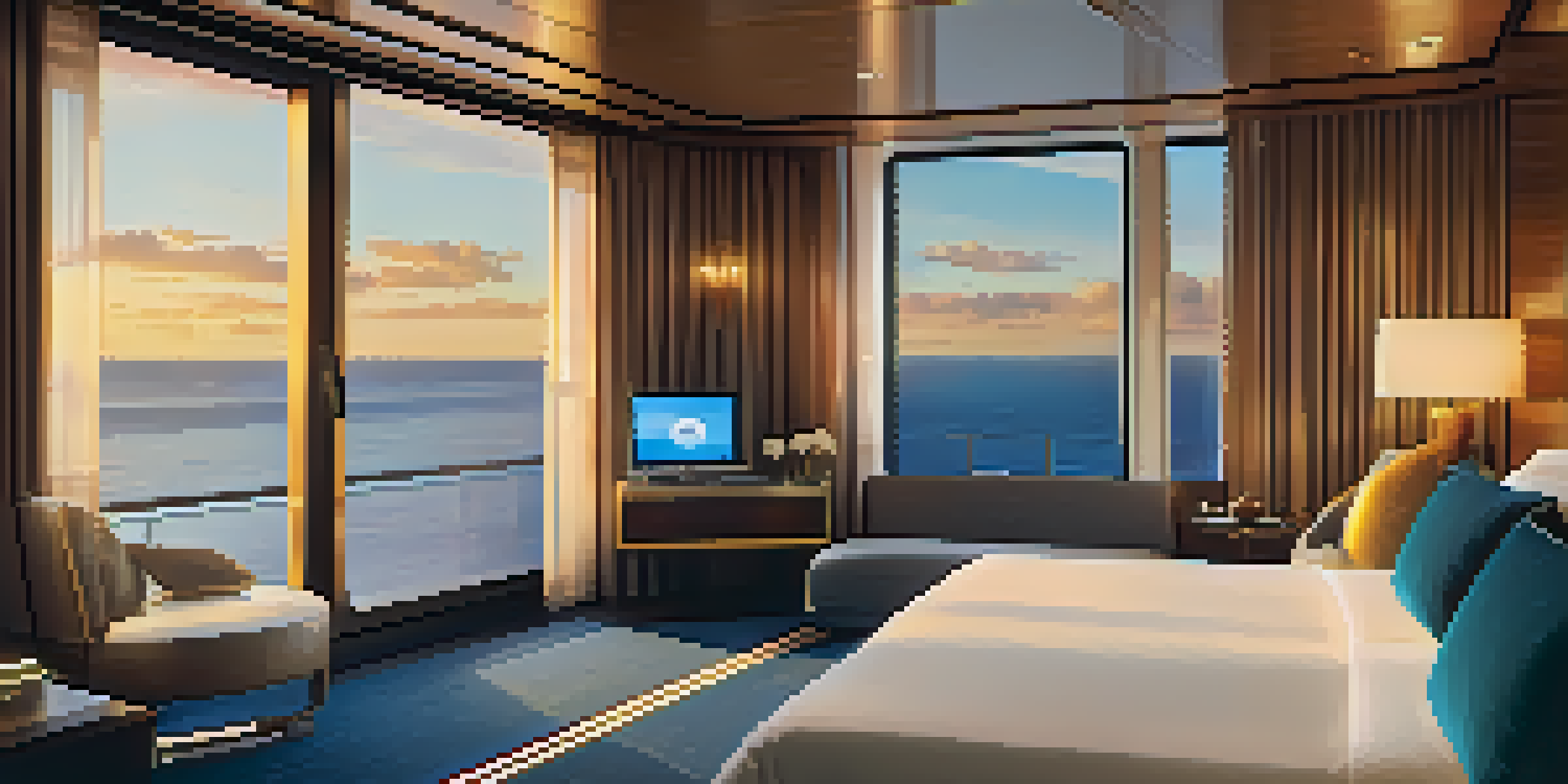 A luxurious cruise cabin with smart technology, showing automated lighting, an ocean view at sunset, and a voice-activated assistant.