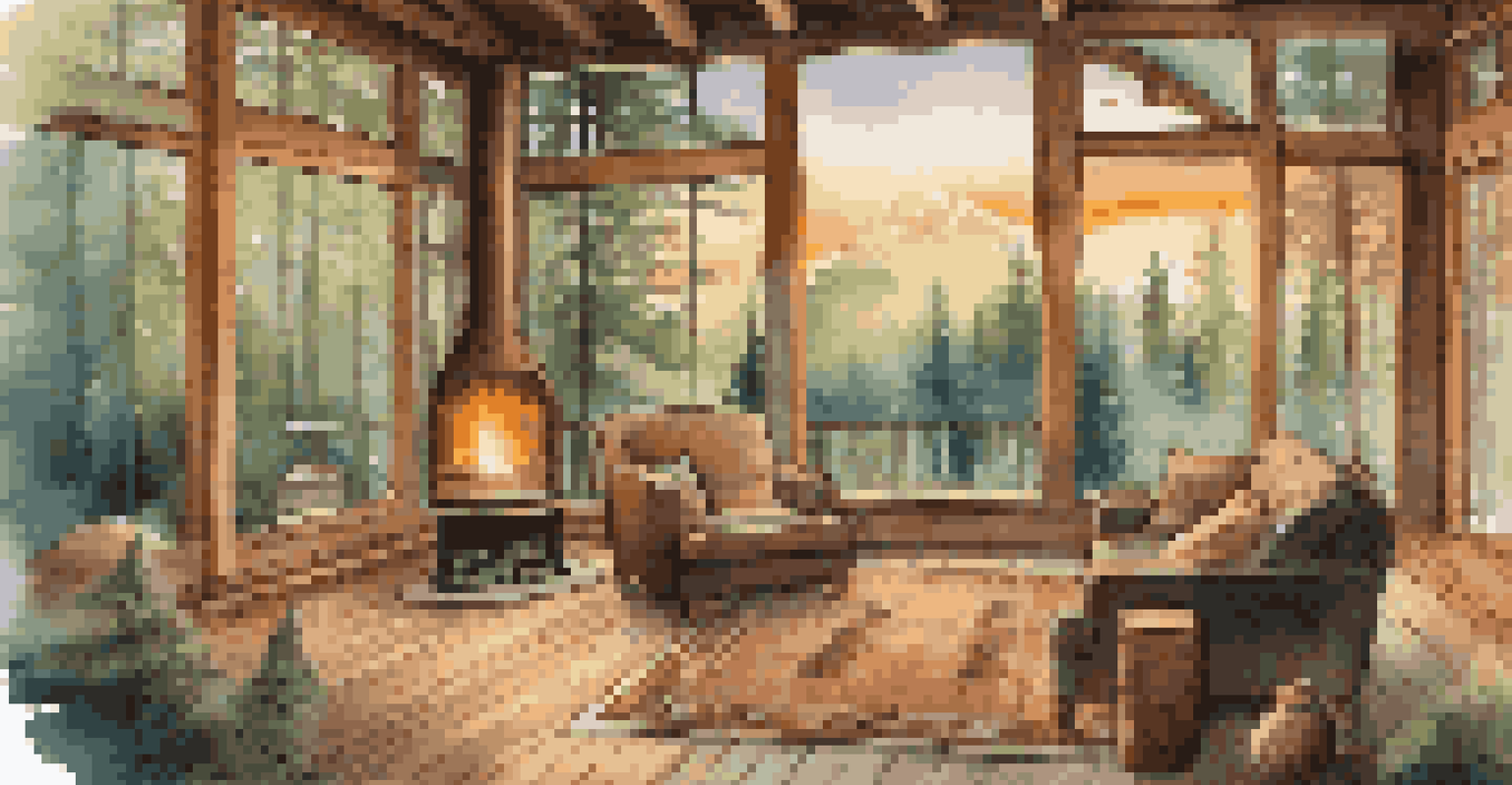 A couple engaged in emotional intelligence exercises inside a cozy cabin, with a forest view and a fire pit outside, creating a tranquil atmosphere.