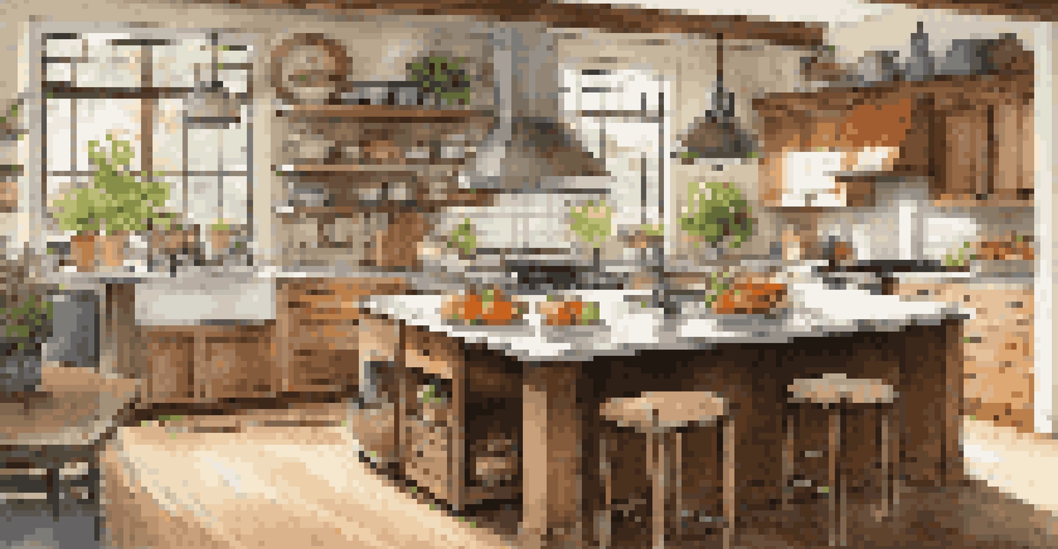 A stylish kitchen combining contemporary and rustic elements, featuring a marble island and warm wooden cabinets, illuminated by natural light.