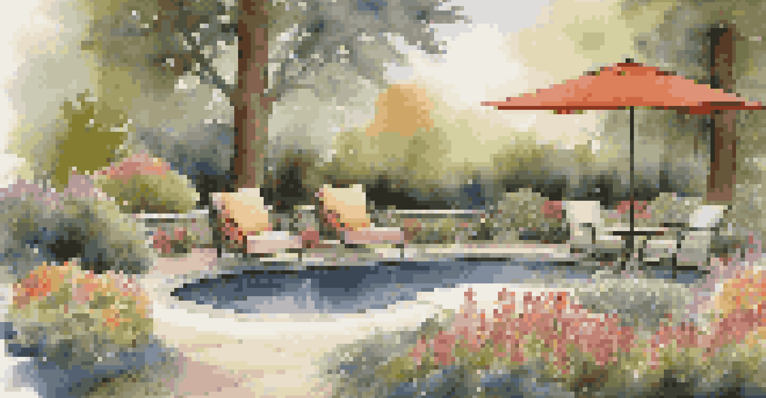 A peaceful outdoor retreat with a pond, fountain, flower beds, and a seating area with a hammock, surrounded by trees.