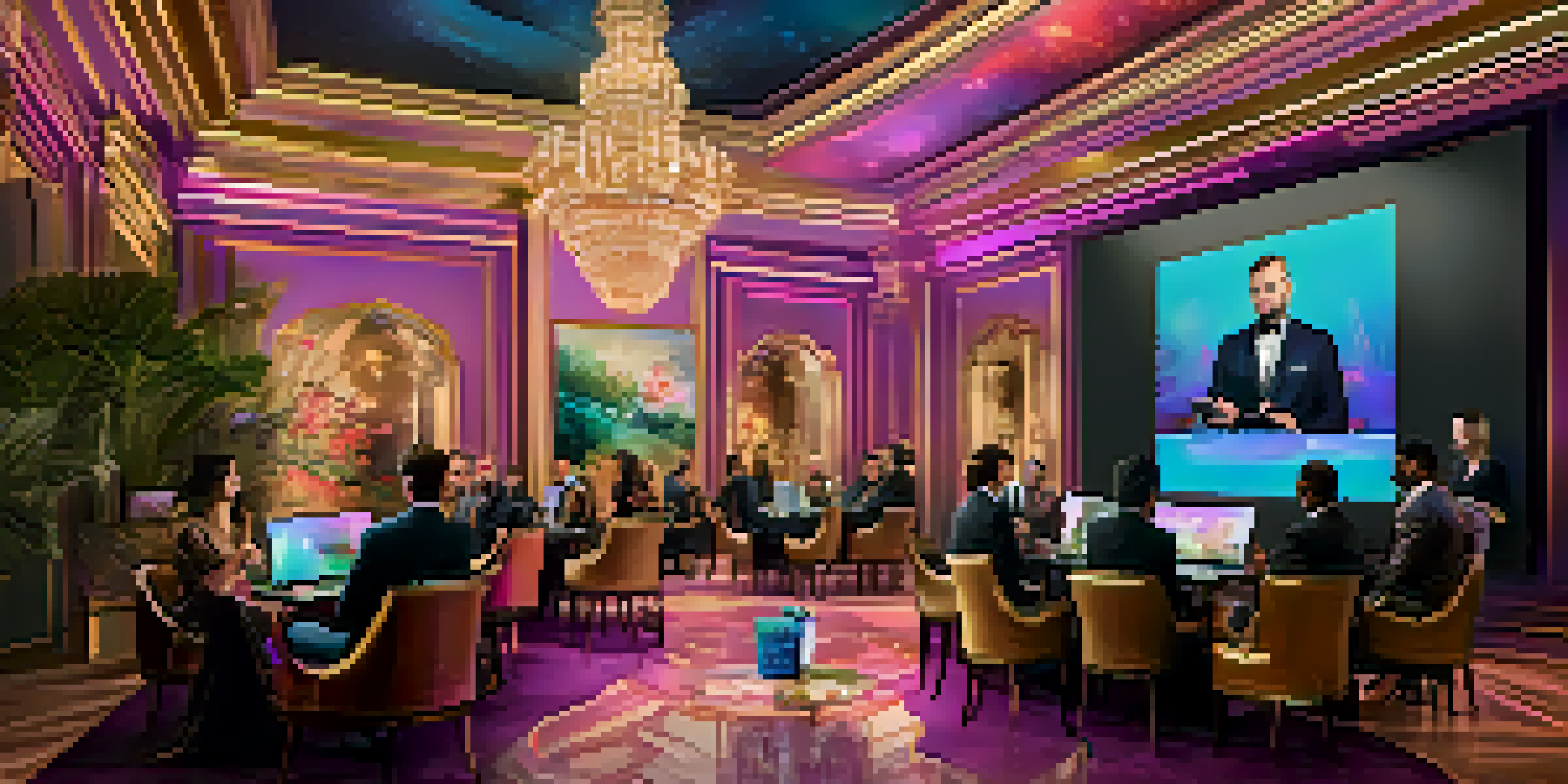 A digital networking event with elegant decor and high-profile individuals engaging in conversation through technology.