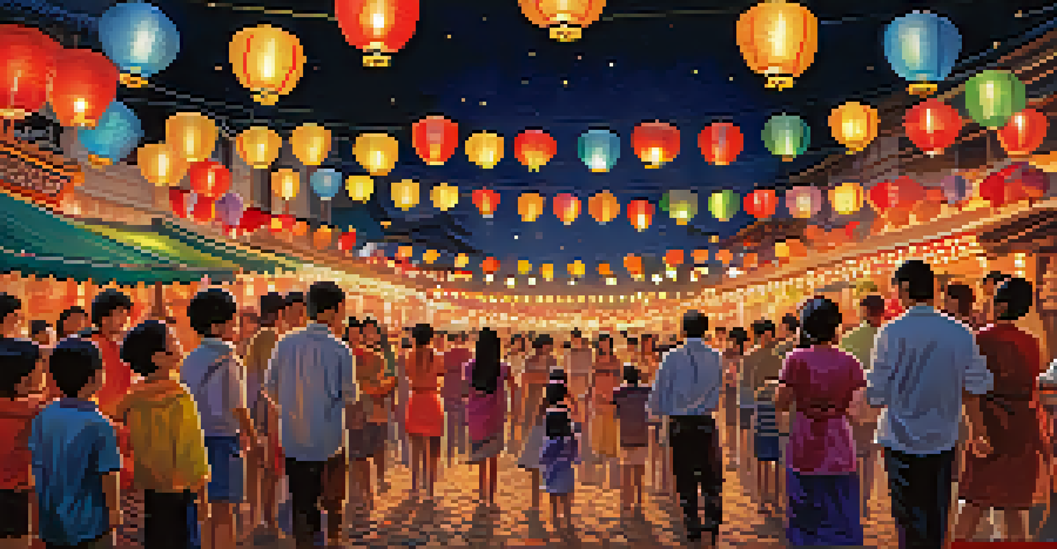 A joyful family releasing colorful lanterns into the night sky during a local festival, surrounded by traditional decorations.