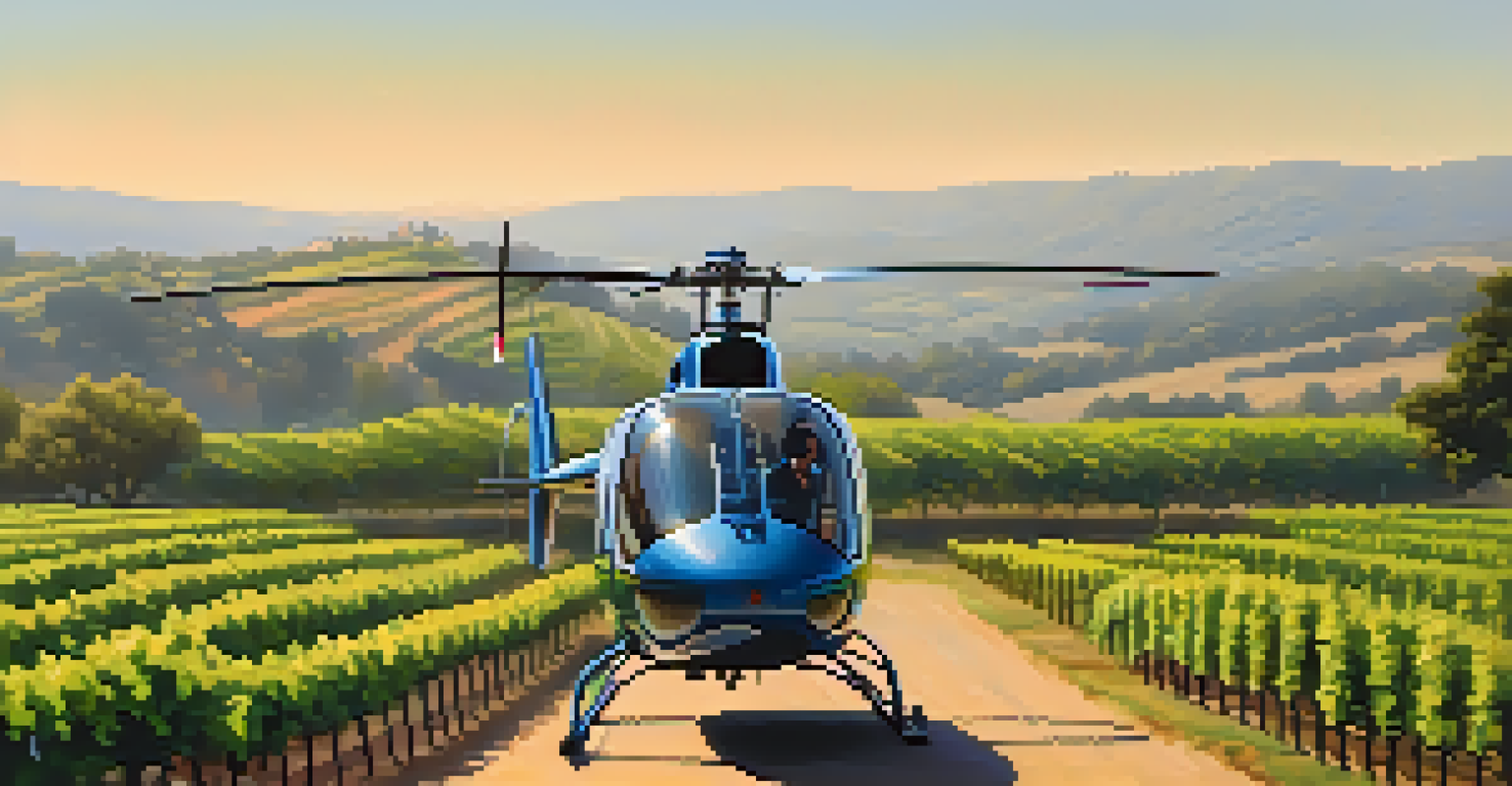 A helicopter landing in a vineyard, surrounded by green hills and grapevines under a clear blue sky.