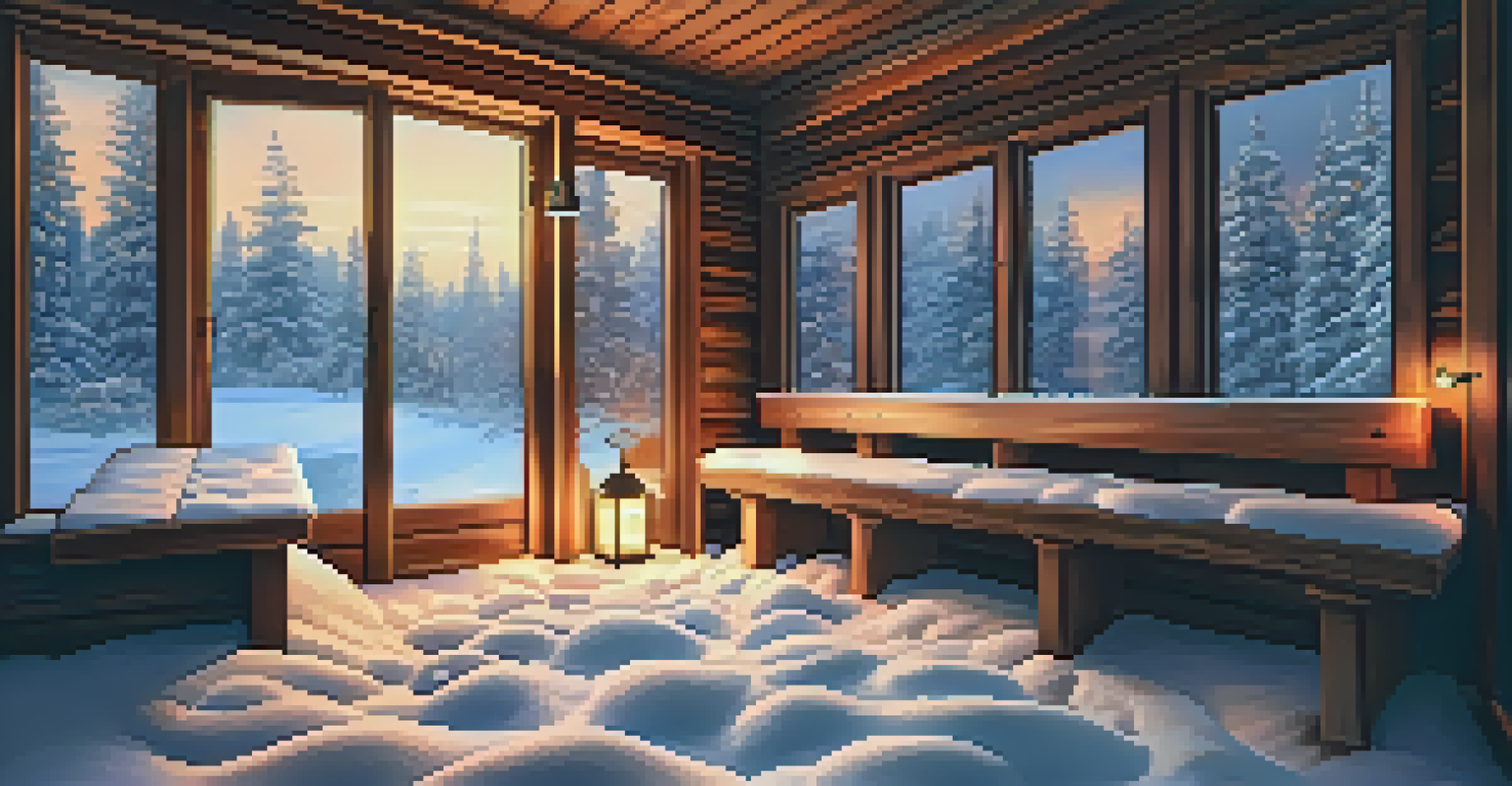 A warm Swedish sauna filled with friends enjoying the heat and snow outside.