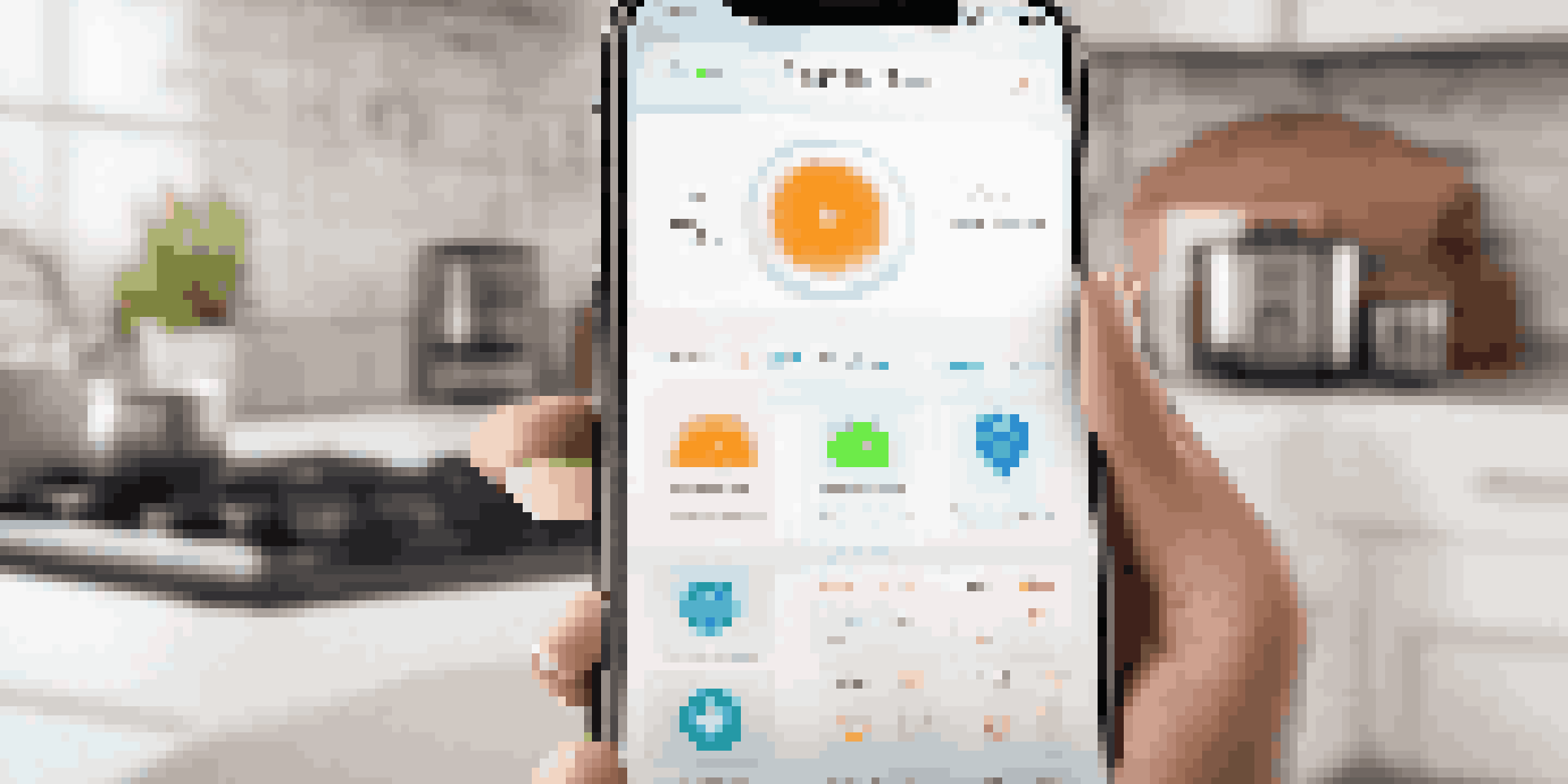 A smartphone displaying a smart home app with security notifications, set against a blurred modern kitchen background.