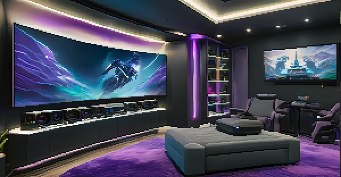 A luxurious gaming room with a high-tech gaming setup, ambient lighting, and soundproofing features.