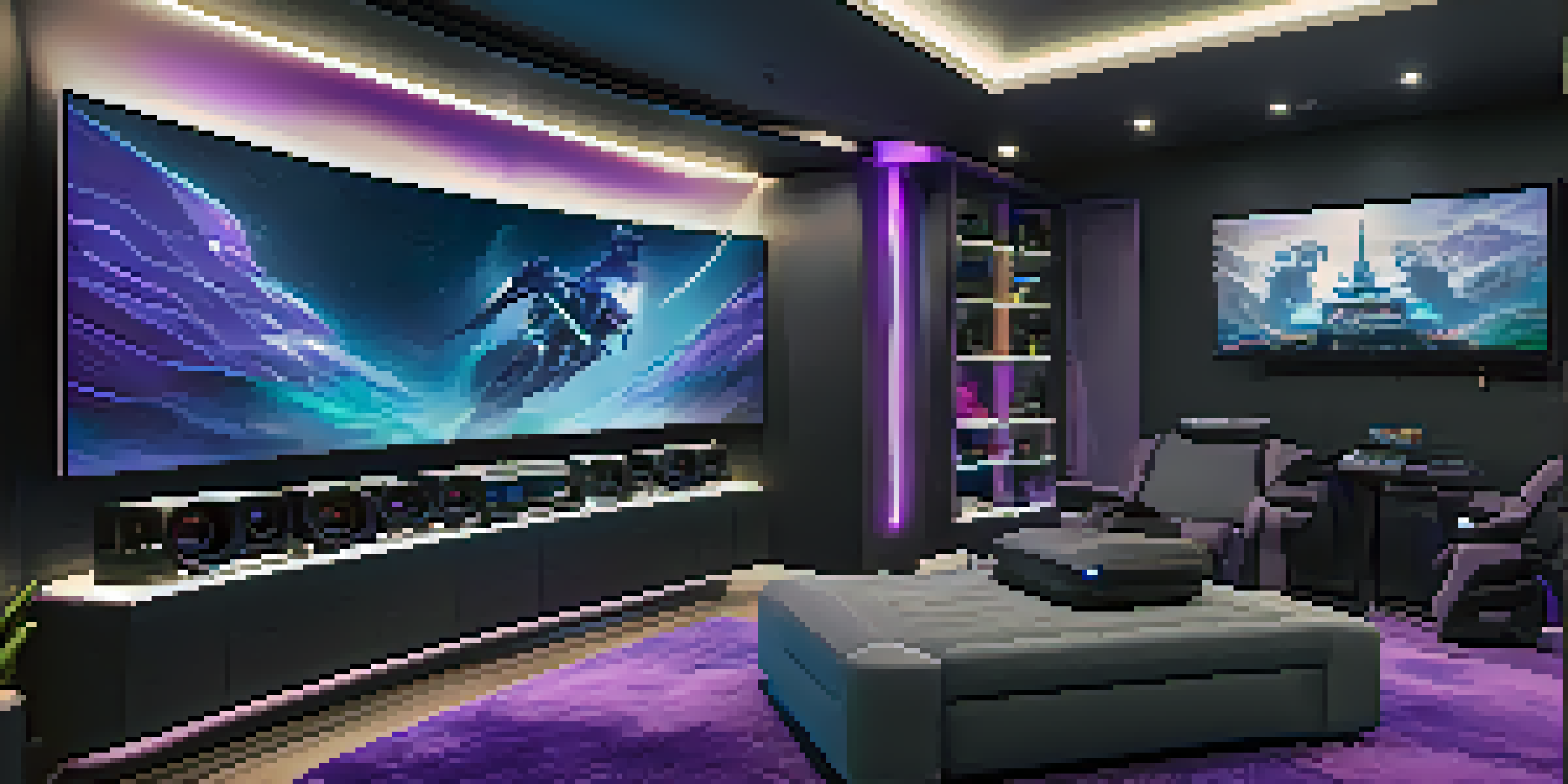 A luxurious gaming room with a high-tech gaming setup, ambient lighting, and soundproofing features.