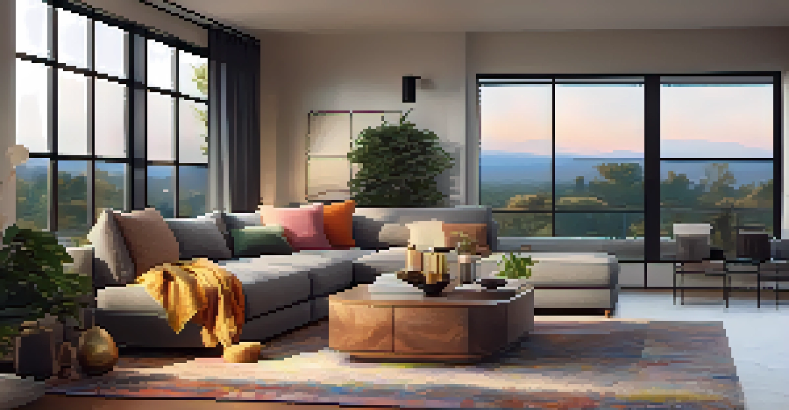 A comfortable lounge area within an open floor plan, with a sectional sofa, layered lighting, and decorative elements enhancing the cozy ambiance.