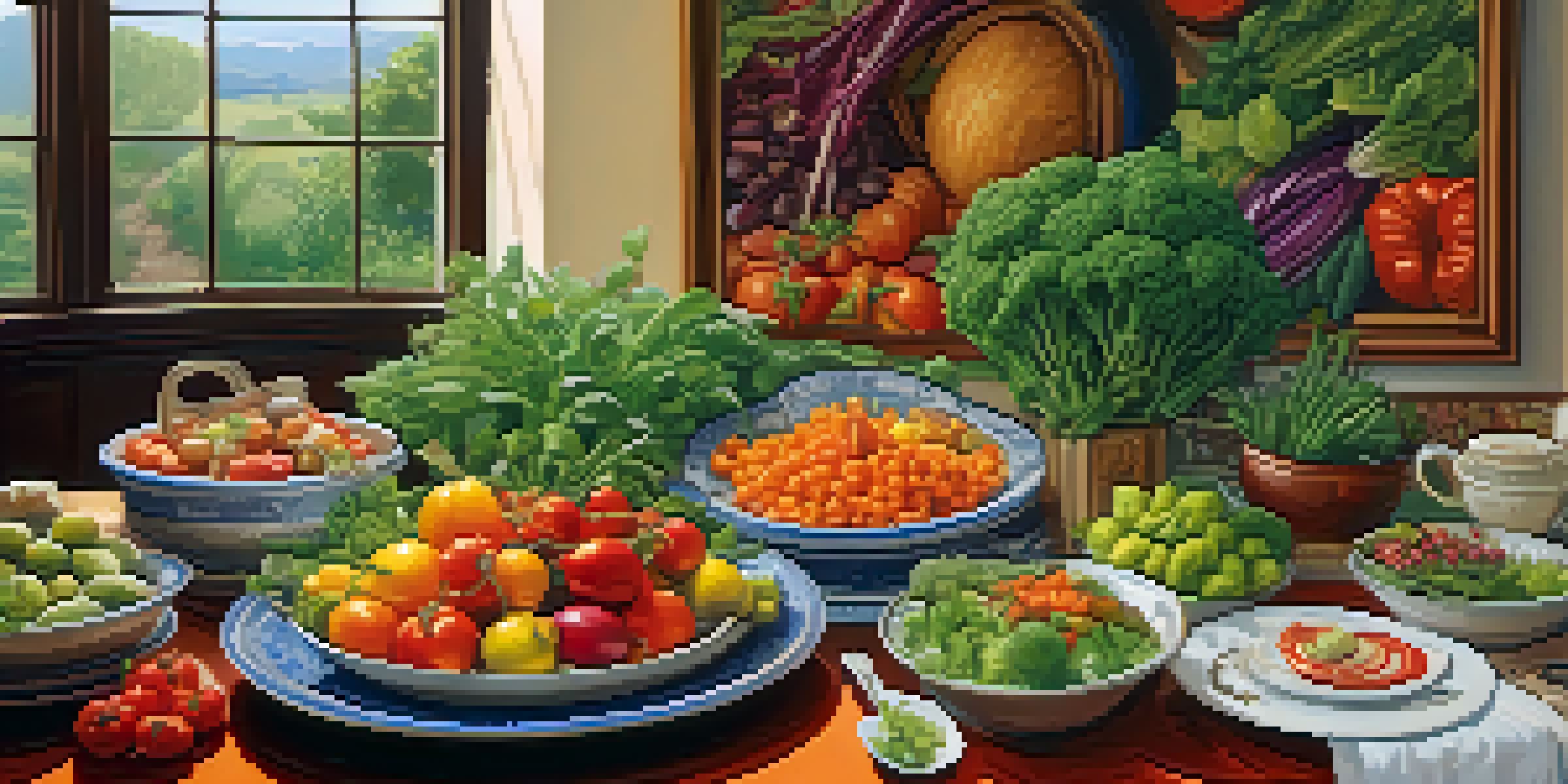 An art gallery featuring colorful paintings and a gourmet dish in the foreground, illuminated by natural light.