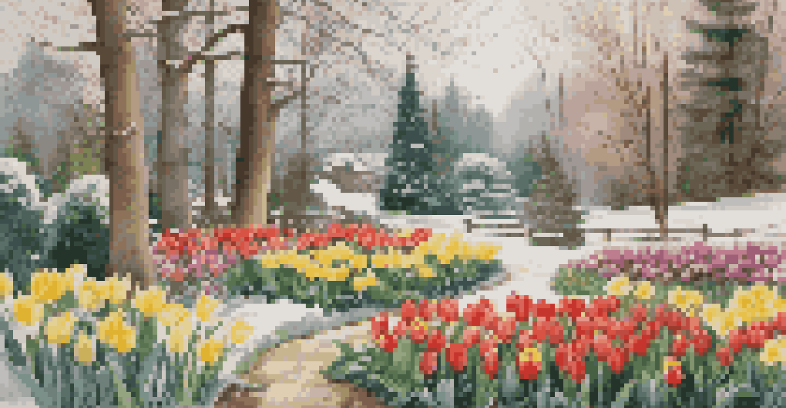 A garden scene with colorful spring bulbs in the foreground and tall evergreens in the background, lightly dusted with snow, showcasing seasonal beauty.