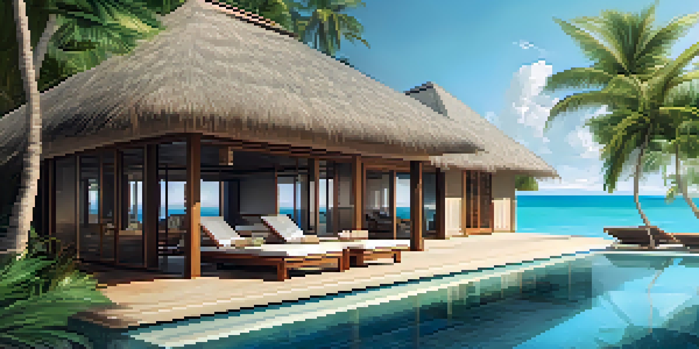 A luxury villa with a private pool on a tropical island, surrounded by palm trees and the ocean.