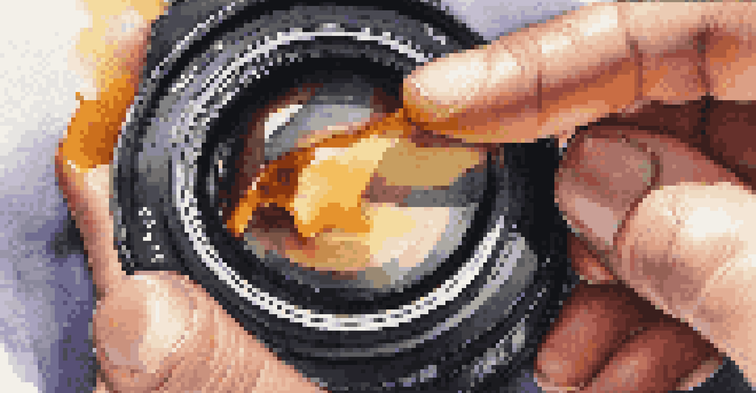 A close-up of a hand cleaning a camera lens with a microfiber cloth, emphasizing the lens's shine.