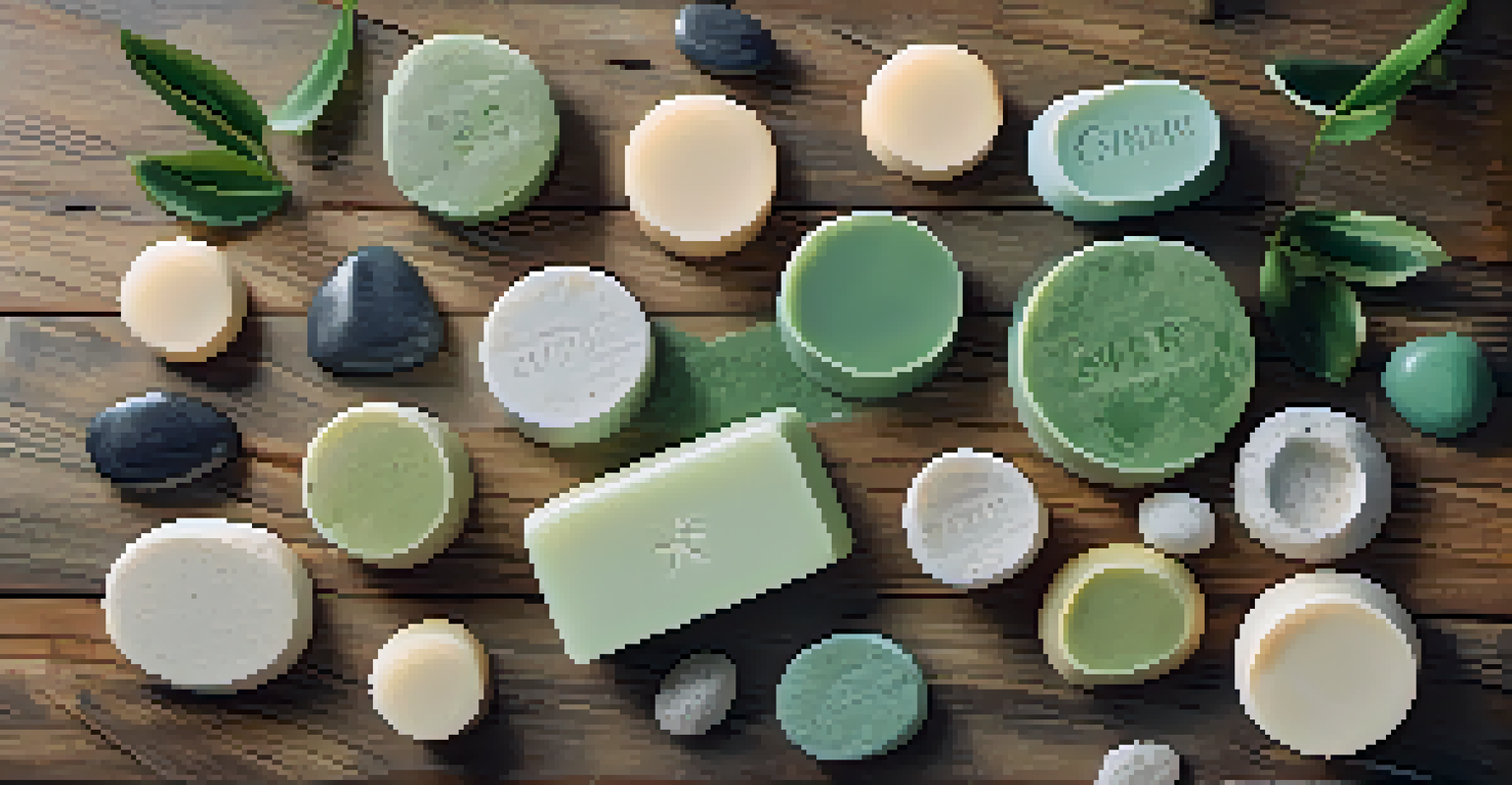 An artistic flat lay of luxury soaps on a wooden surface with green leaves and pebbles, showcasing their unique shapes and colors in soft light.