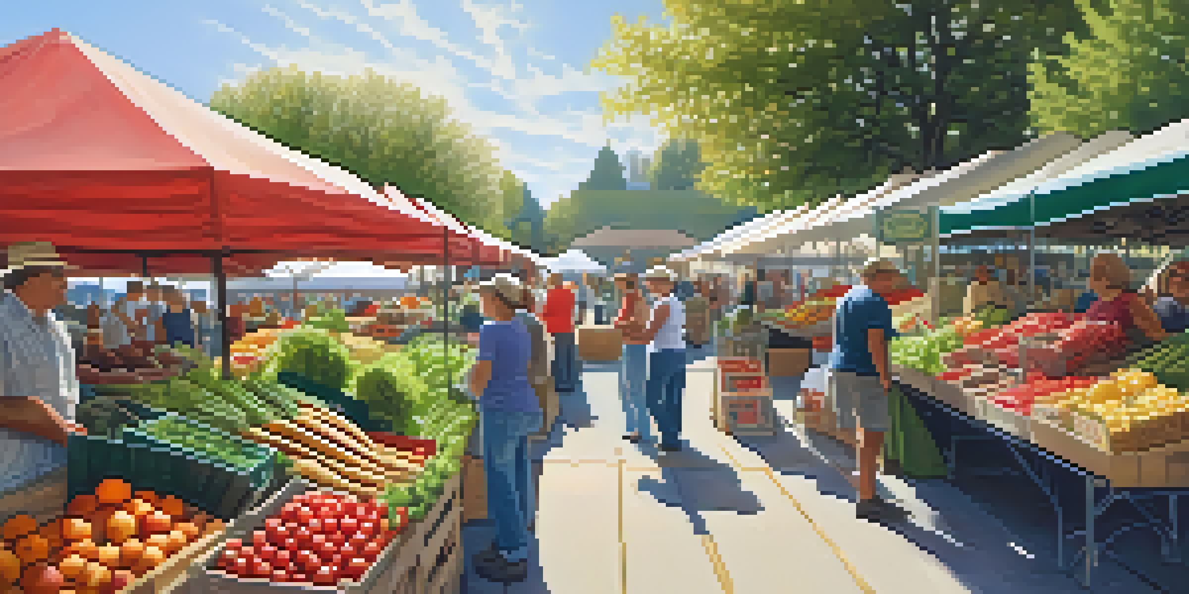 A lively farmer's market displaying a variety of fresh produce, including colorful tomatoes and greens, with sunlight streaming through the trees.