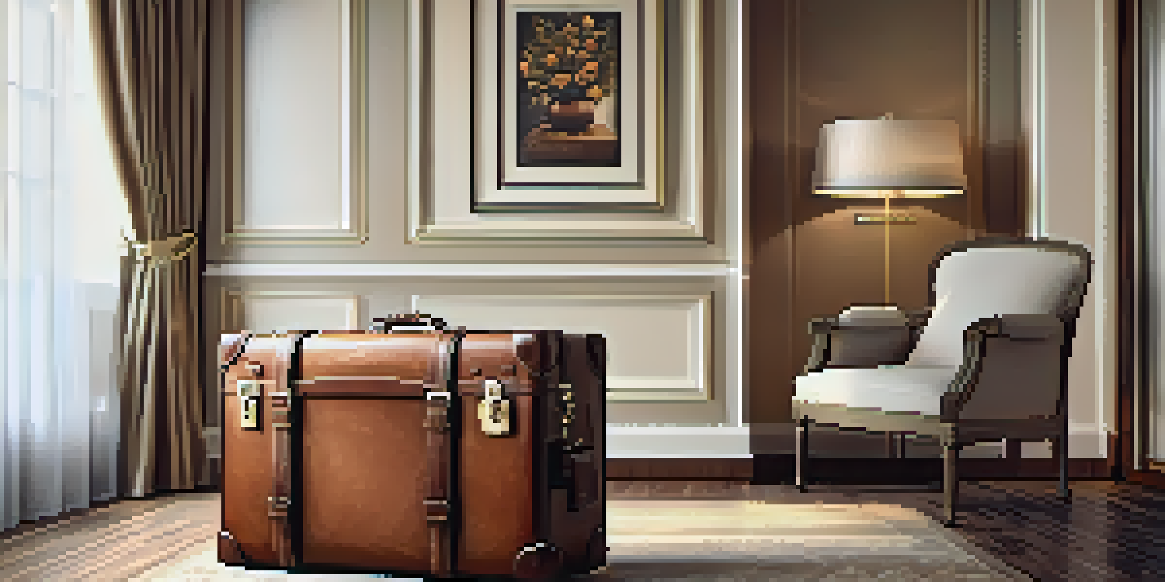 A luxurious travel scene with a leather suitcase and stylish accessories in a beautifully decorated hotel room, illuminated by warm lighting.