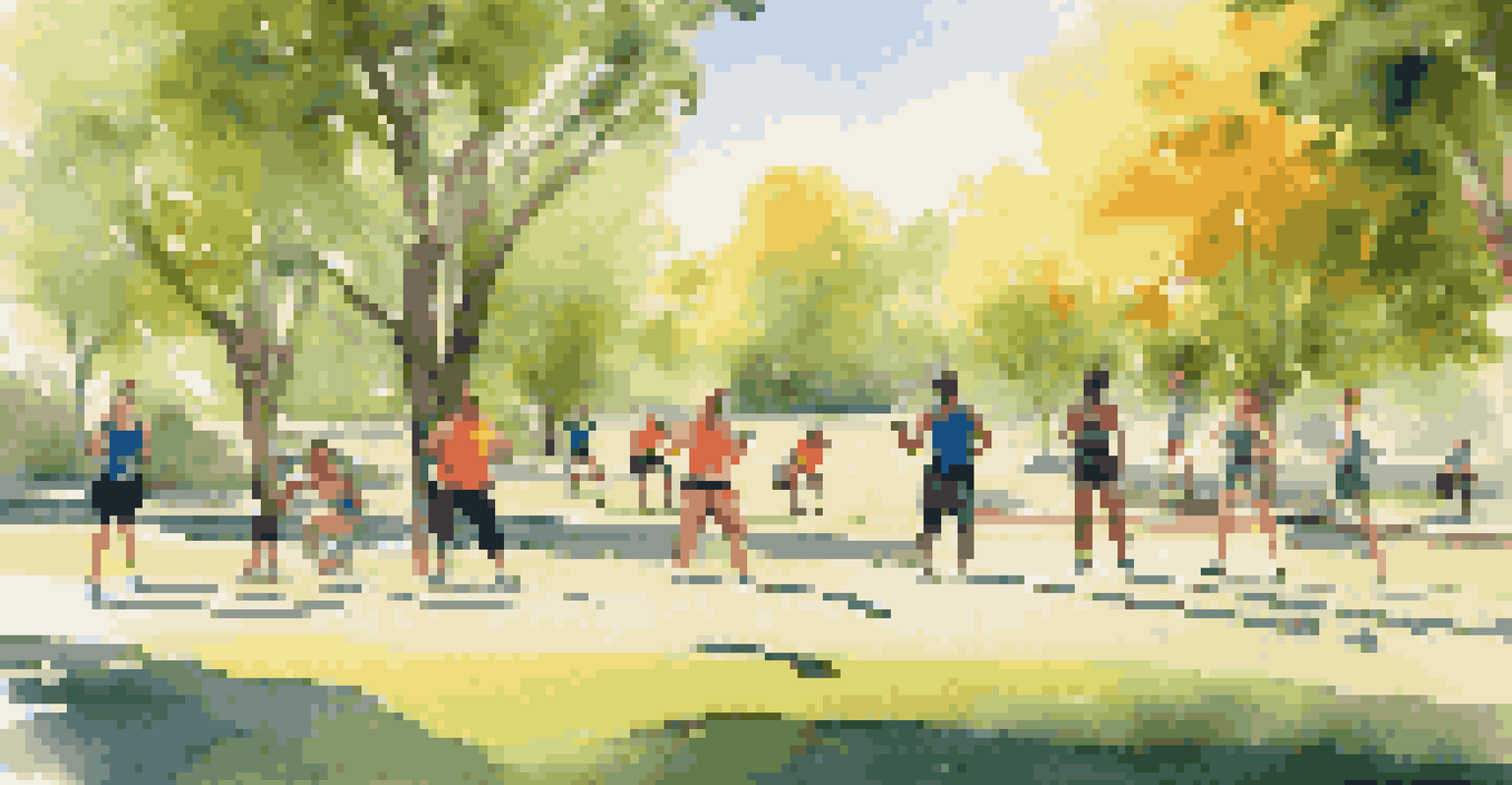 A group of friends working out in a park, following a virtual workout on tablets, with sunlight creating playful shadows on the grass.
