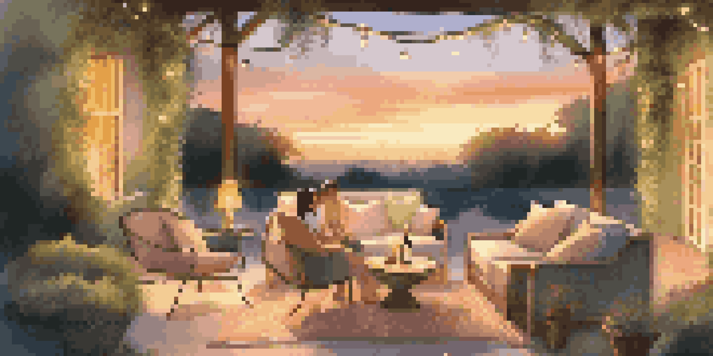 A couple enjoying a romantic outdoor lounge at sunset, surrounded by greenery and soft lighting.