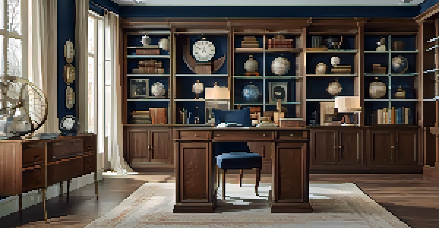 A vintage-inspired home office with an antique bookshelf, decorative globes, a vintage clock, and a warm color palette of deep navy and soft beige.