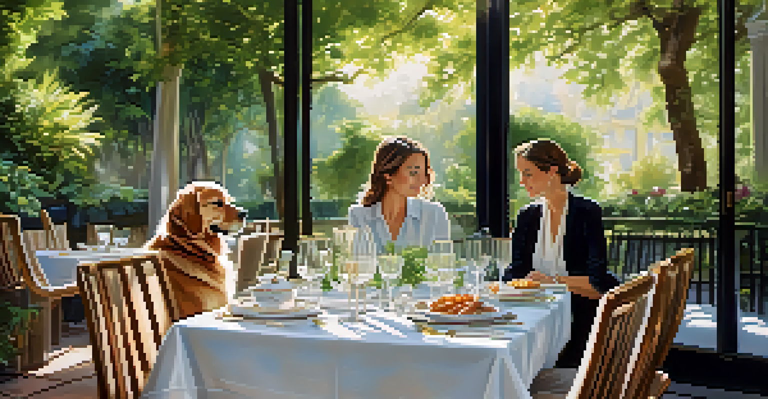 An outdoor dining scene at a luxury restaurant with a pet-friendly setup, featuring a dog beside its owner.
