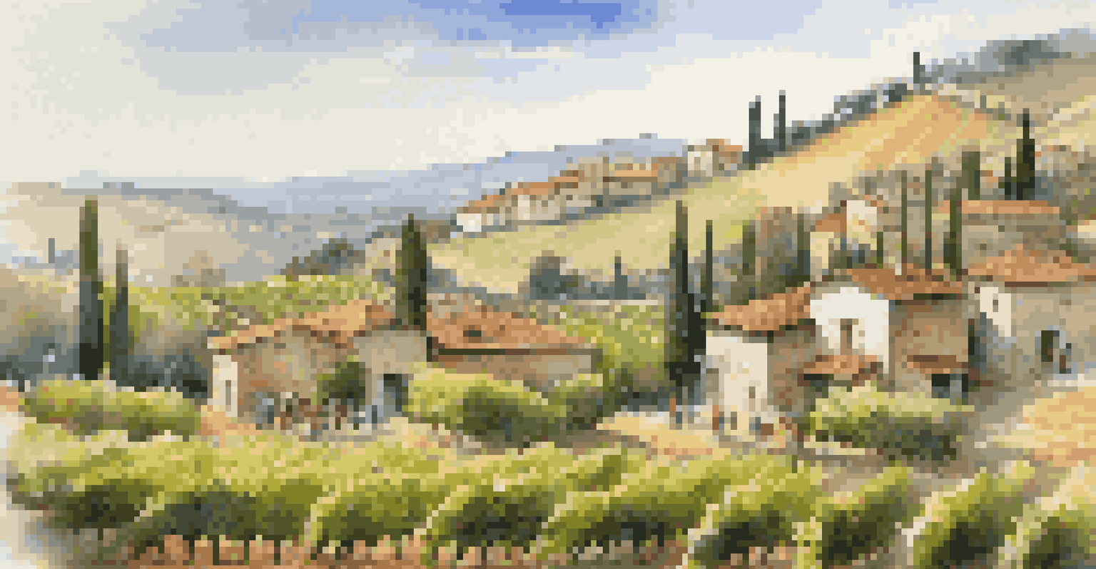 A beautiful vineyard in Italy during harvest season, with workers picking grapes under the sun, surrounded by rolling hills and a farmhouse.