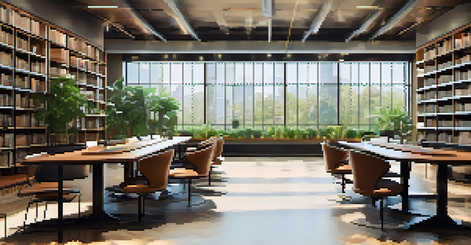 An elegant library with ergonomic leather chairs around a large wooden table, filled with natural light and vibrant plants.