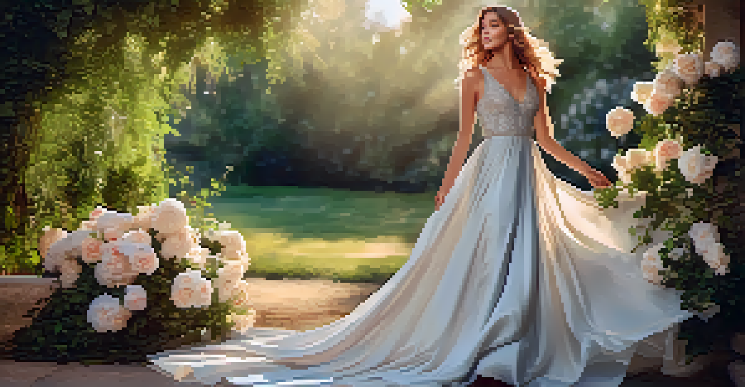 A model in a designer gown posing outdoors among flowers and greenery, illuminated by sunlight.