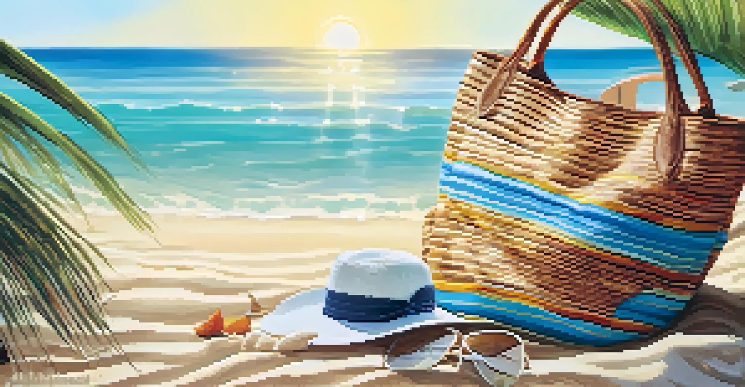 A stylish straw tote with tropical prints on a sandy beach, accompanied by sunglasses and a beach hat, with the ocean waves in the background.