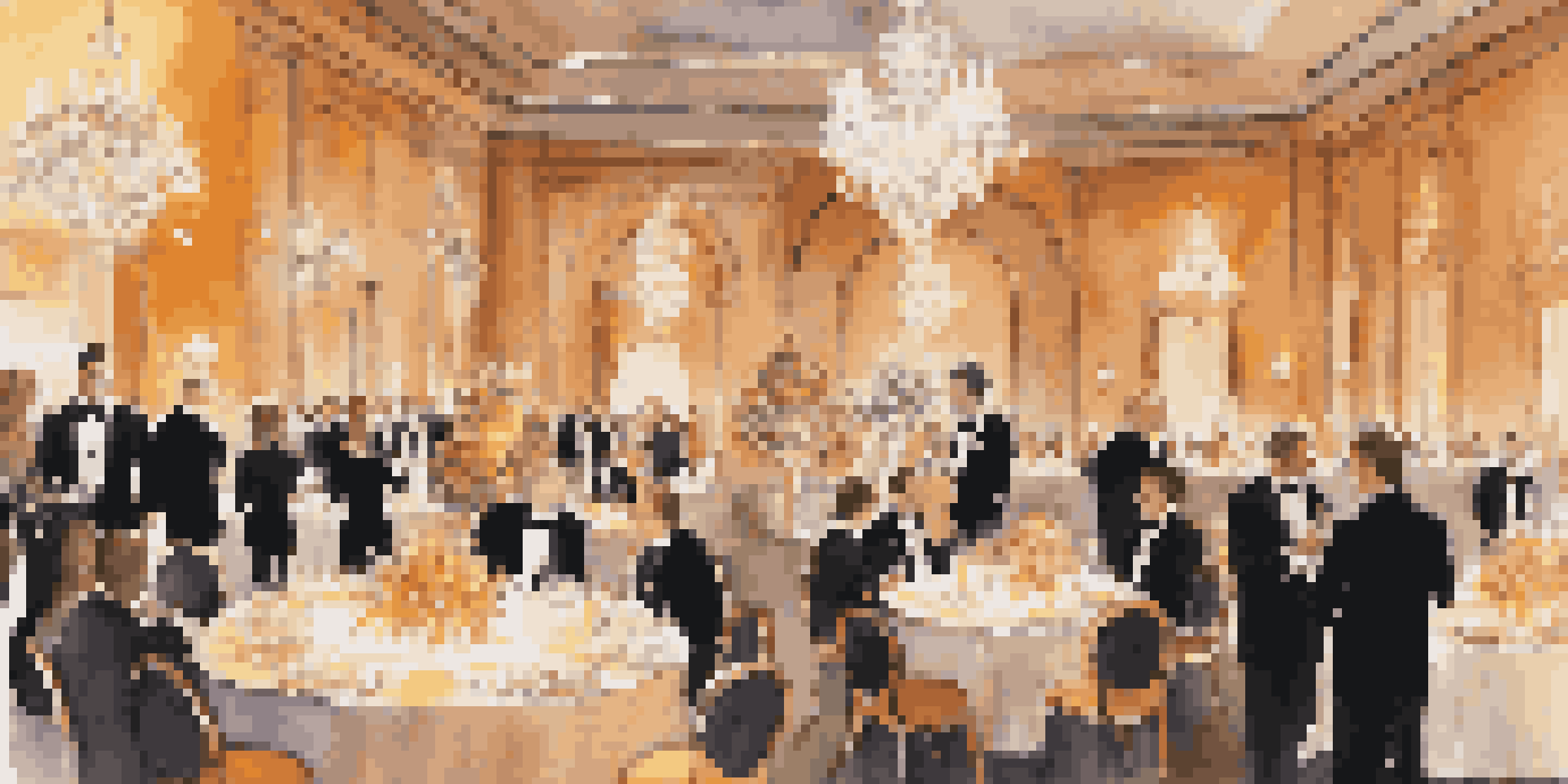 An elegant gala event in a beautifully decorated ballroom with chandeliers and floral arrangements, featuring attendees in formal attire engaging in conversation.
