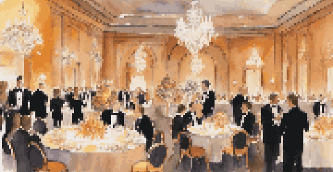 An elegant gala event in a beautifully decorated ballroom with chandeliers and floral arrangements, featuring attendees in formal attire engaging in conversation.