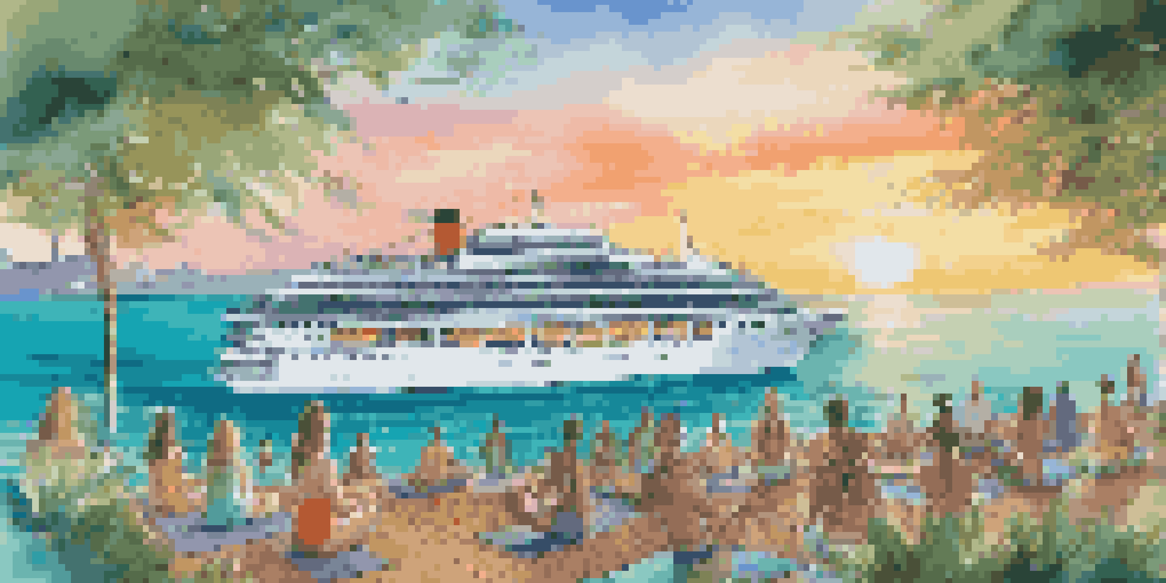 A luxurious cruise ship on turquoise waters during sunset, with guests practicing yoga on deck.