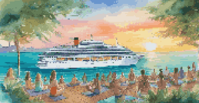 A luxurious cruise ship on turquoise waters during sunset, with guests practicing yoga on deck.