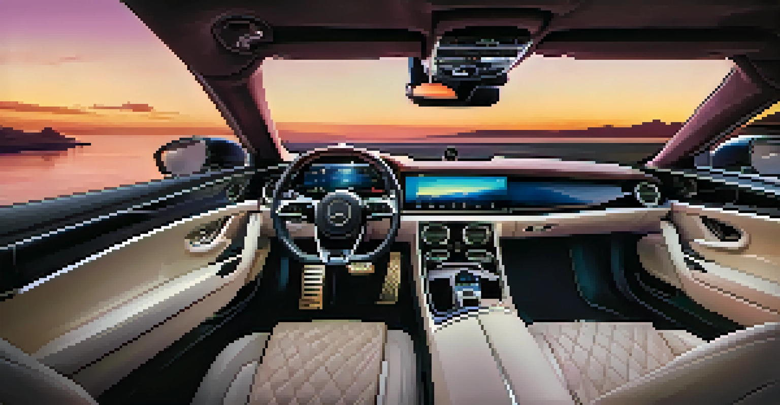 The interior of a luxury car with customizable ambient lighting, showcasing advanced controls and plush seating.
