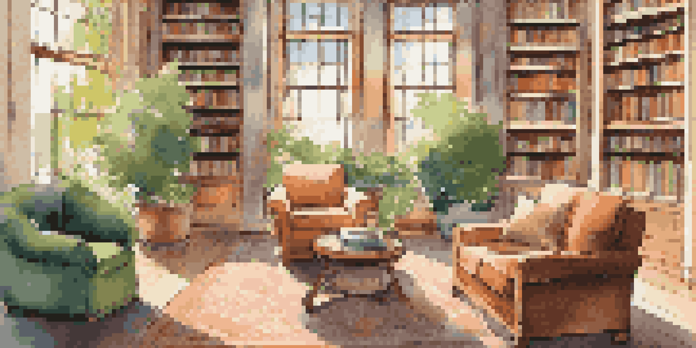 A comfortable reading area in a library with plush armchairs, soft lighting, and plants, creating a welcoming environment.
