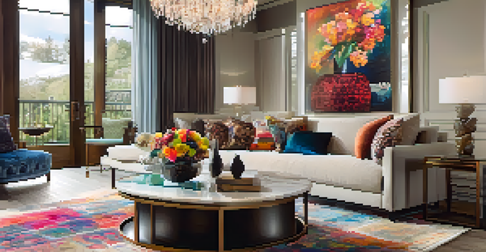 A stylish and luxurious living room with a leather sofa, colorful throw pillows, and a glass coffee table with flowers, illuminated by a chandelier.
