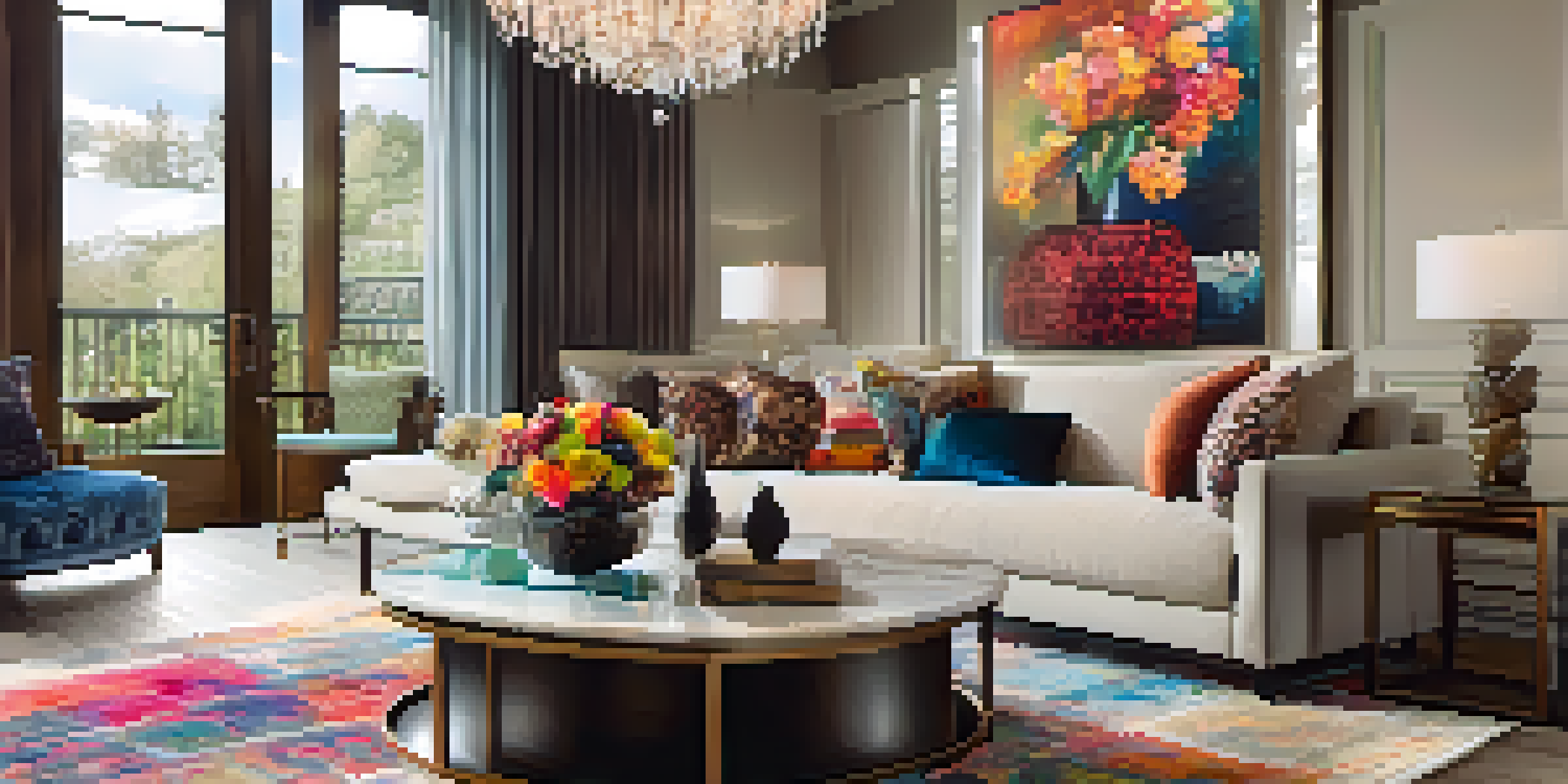 A stylish and luxurious living room with a leather sofa, colorful throw pillows, and a glass coffee table with flowers, illuminated by a chandelier.