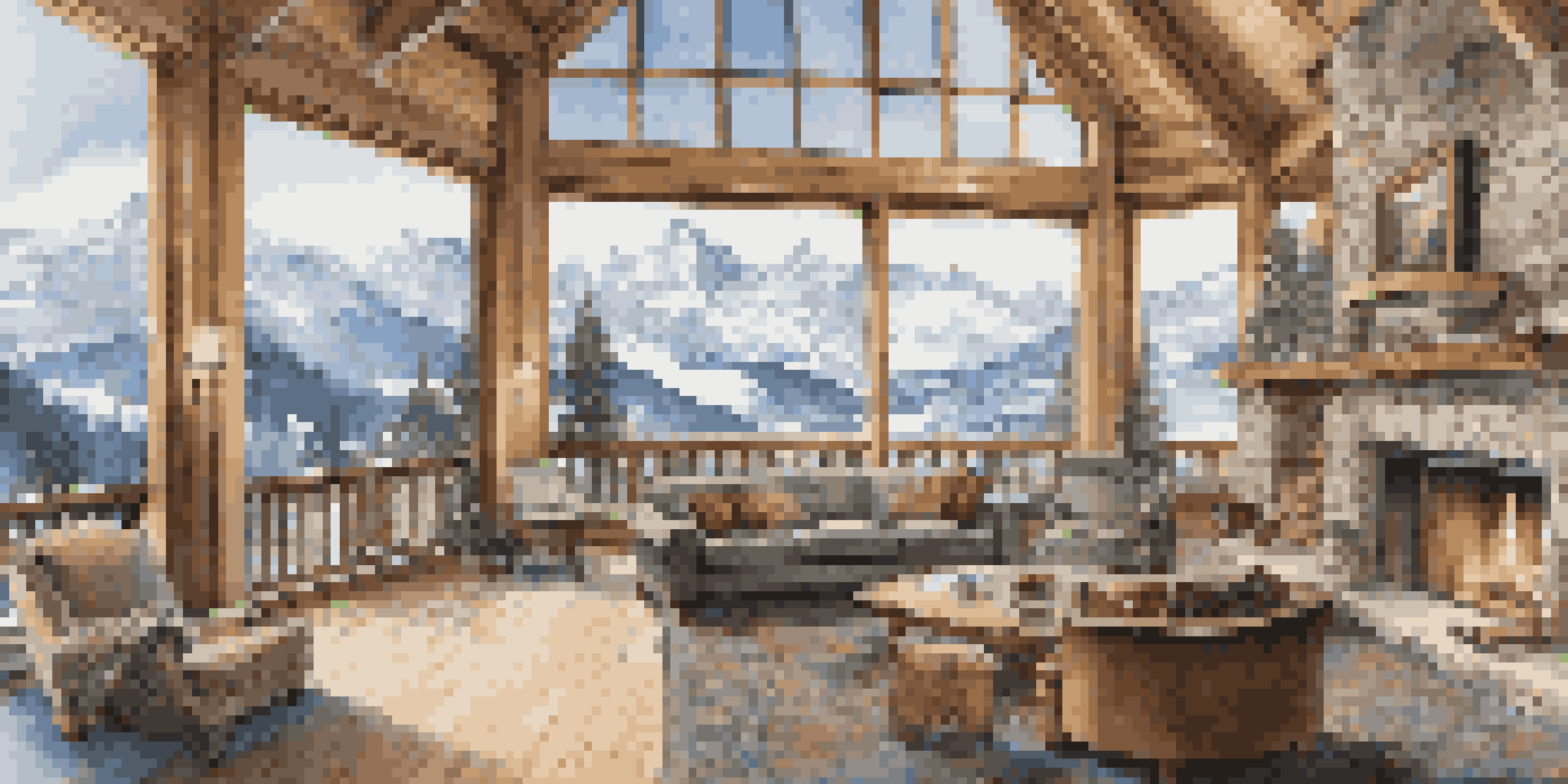 A beautiful alpine chalet with large windows, a fireplace, and snow-covered mountains in the background.