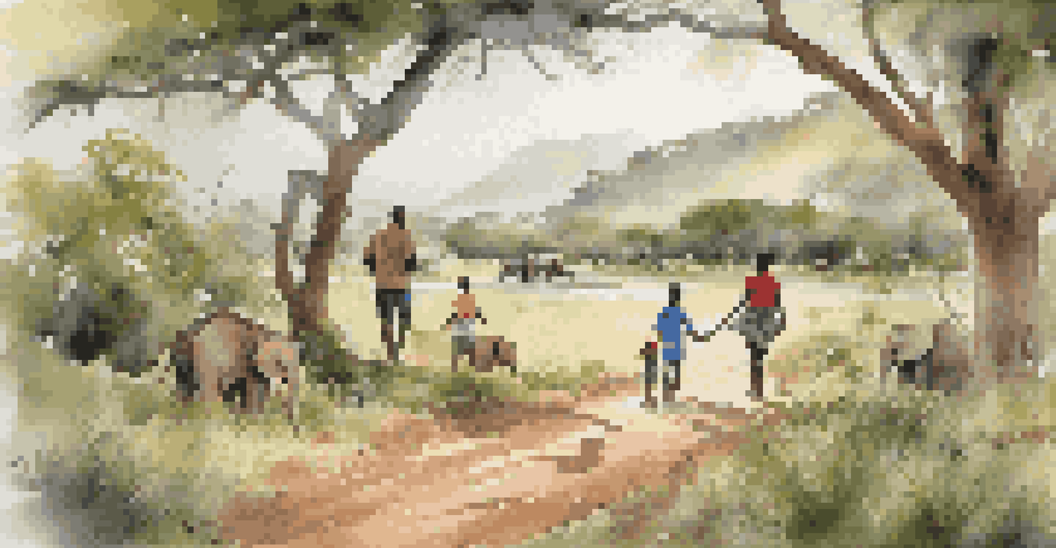 A family on a guided nature walk at Porini Camps, surrounded by lush greenery and wildlife.