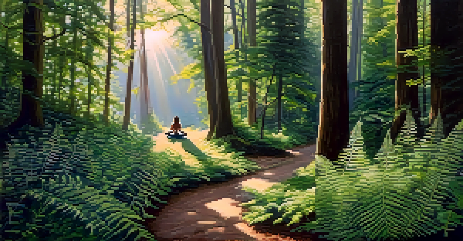 A person practicing yoga on a mat in a tranquil forest setting with sunlight filtering through the trees.