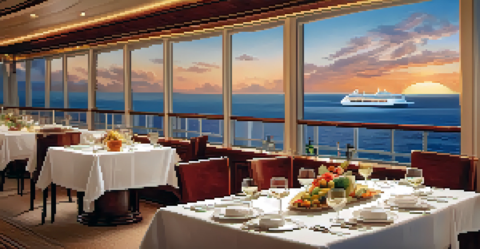 A beautifully set dining table on a luxury cruise ship with gourmet food and ocean sunset views through large windows.