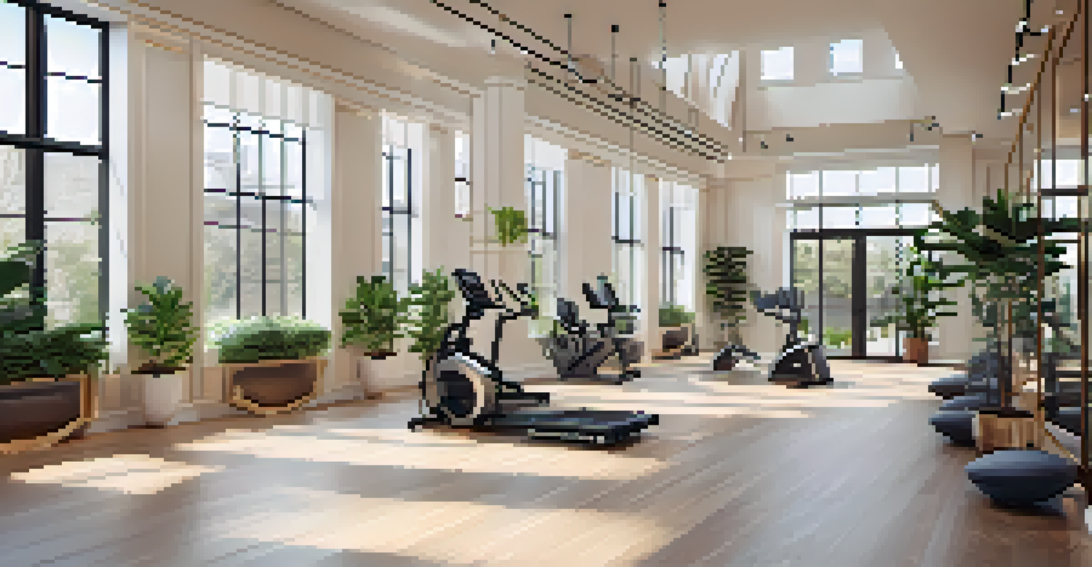 A bright and modern luxury fitness studio with large windows, fitness equipment, and plants for a fresh ambiance.