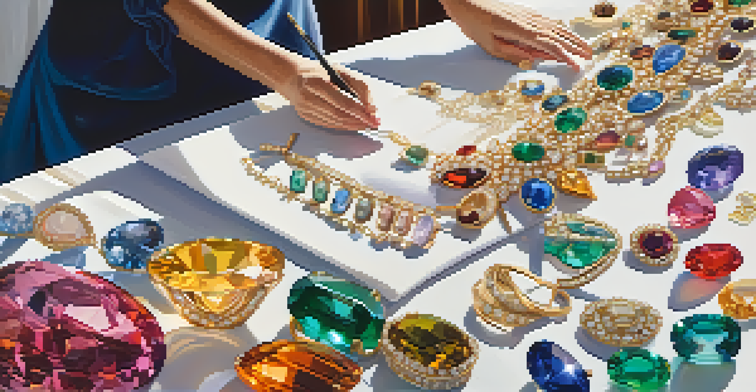 A stylist arranging colorful accessories for a luxury fashion show, with gemstones and jewelry on display, and models blurred in the background.