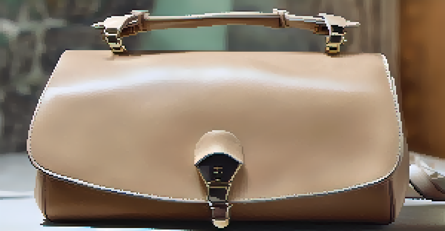A close-up of a stylish handbag made from mushroom leather on a blurred green background.